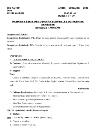 Première page de Anglais 6e — 1er devoir surveillé, 1er semestre (2020-2021) · CEG PAHOU