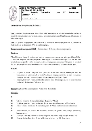 Première page de PCT 6e — 1er devoir surveillé, 1er semestre (2019-2020) · CEG 1 Akpakpa-Centre