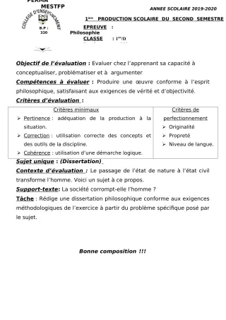 Première page de Philosophie 2nde A, 1ère A, 1ère D, Tle A, Tle D — 1re production scolaire, 2e semestre (2019-2020) · CEG Perma