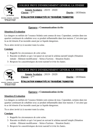 Première page de Français 5e — Évaluation sommative, 3e trimestre (2019-2020) · CPEG La Finesse