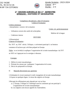 Première page de Histoire-Géographie 4e — 1er devoir surveillé, 1er semestre (2023-2024) · CEG Yagbe