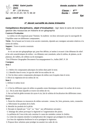 Première page de Histoire-Géographie 6e, 5e, 4e — 1er devoir surveillé, 2e trimestre (2020-2021) · CPEG SAINT Justin