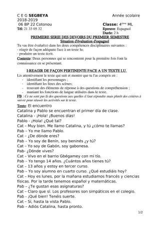 Première page de Espagnol 4e ML — 1er devoir surveillé, 1er semestre (2018-2019) · CEG SEGBEYA