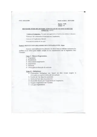 Première page de SVT 6e — 2e devoir surveillé, 2e semestre (2019-2020) · CEG ADJAGBO
