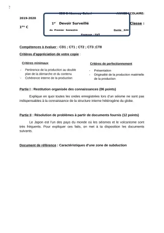 Première page de SVT 1ère B, 1ère C — 1er devoir surveillé, 1er semestre (2018-2019) · CEG2 ABOMEY - CALAVI (CEG ZOCA)