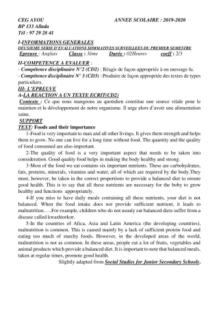 Première page de Anglais 3e ML — Évaluation sommative, 1er semestre (2019-2020) · CEG AYOU