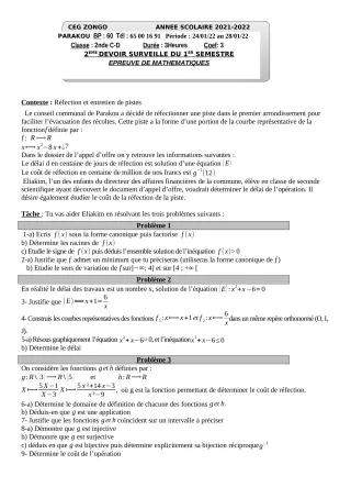 Première page de Mathématiques 2nde C, 2nde D — 2e devoir surveillé, 1er semestre (2021-2022) · CEG ZONGO