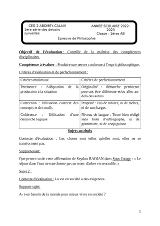 Première page de Philosophie 1ère A & B — 1er devoir surveillé, 1er semestre (2022-2023) · CEG2 ABOMEY - CALAVI (CEG ZOCA)