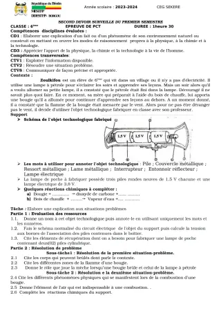 Première page de PCT 6e — 2e devoir surveillé, 1er semestre (2023-2024) · CEG SEKERE