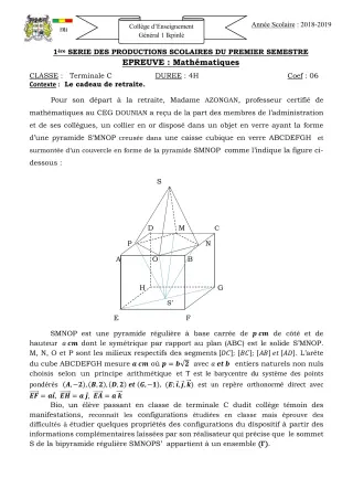 Première page de Mathématiques Tle C — 1re production scolaire, 1er semestre (2018-2019) · CEG1 Ikpinlè