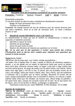 Première page de Espagnol 3e ML — 2e évaluation sommative, 1er semestre (2017-2018) · CEG C.P de Dompago