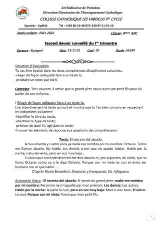 Première page de Espagnol 4e ML — 2e devoir surveillé, 1er trimestre (2021-2022) · Hibiscus 1er cycle