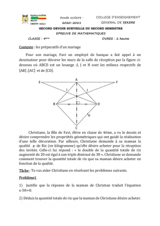 Première page de Mathématiques 4e — 2e devoir surveillé, 2e semestre (2020-2021) · CEG SEKERE