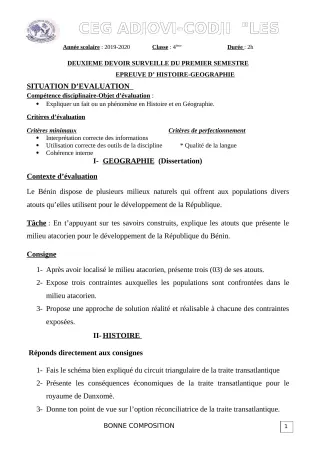 Première page de Histoire-Géographie 4e — 2e devoir surveillé, 1er semestre (2019-2020) · CEG ADJOVICODJI 'LES OLIVIERS'