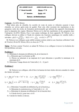 Première page de Mathématiques 1ère D — 1er devoir surveillé, 2e semestre (2023-2024) · CEG2 ABOMEY - CALAVI (CEG ZOCA)