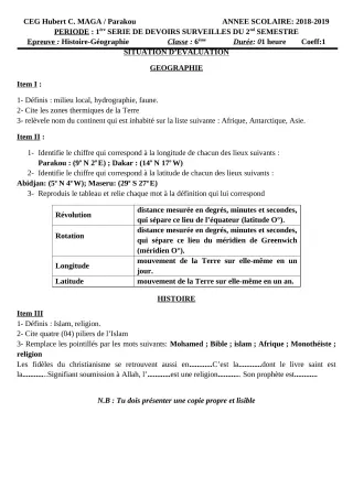 Première page de Histoire-Géographie 6e — 1er devoir surveillé, 2e semestre (2018-2019) · CEG Hubert C. MAGA