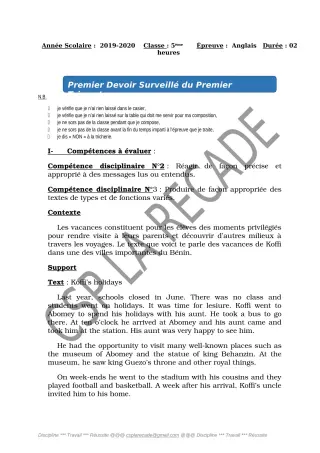 Première page de Anglais 5e — 1er devoir surveillé, 1er trimestre (2019-2020) · CPEG LA RECADE