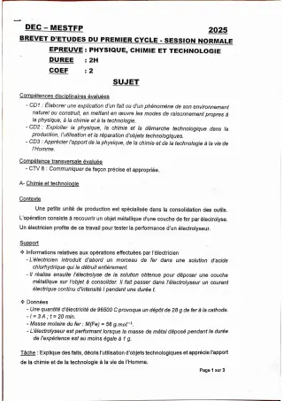 Première page de Épreuve de Physique-Chimie-Technologie – BEPC 2025 – Bénin
