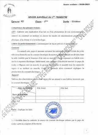 Première page de PCT 5e — 1er devoir surveillé, 1er trimestre (2020-2021) · CPEG ROSAIRE
