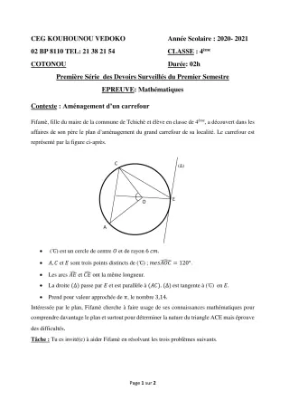 Première page de Mathématiques 4e, 4e ML — 1er devoir surveillé, 1er semestre (2020-2021) · CEG Kouhounou-Vêdoko
