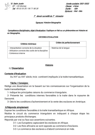 Première page de Histoire-Géographie 4e — 1er devoir surveillé, 1er trimestre (2021-2022) · CPEG SAINT Justin