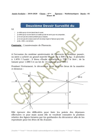 Première page de Mathématiques 6e — 2e devoir surveillé, 1er trimestre (2019-2020) · CPEG LA RECADE