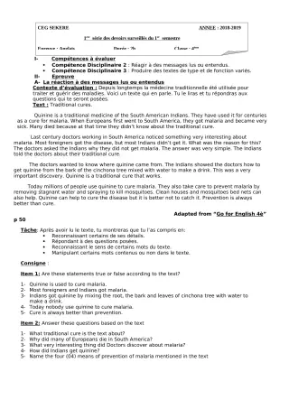 Première page de Anglais 4e, 4e ML — 1er devoir surveillé, 1er semestre (2018-2019) · CEG SEKERE