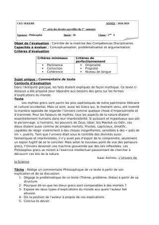 Première page de Philosophie 2nde A2 — 1er devoir surveillé, 1er semestre (2018-2019) · CEG SEKERE