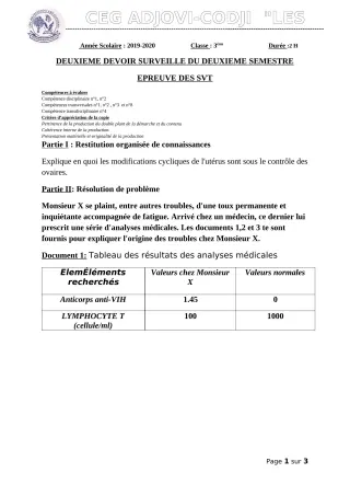 Première page de SVT 3e, 3e ML — 2e devoir surveillé, 2e semestre (2019-2020) · CEG ADJOVICODJI 'LES OLIVIERS'