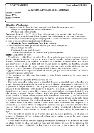Première page de Espagnol 3e ML — 1er devoir surveillé, 1er semestre (2018-2019) · CEG Tchatchou
