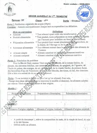 Première page de SVT 6e — Devoir surveillé (2020-2021) · CPEG ROSAIRE