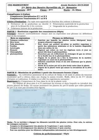 Première page de SVT 5e — 1er devoir surveillé (2019-2020) · CEG MAREGOUROU