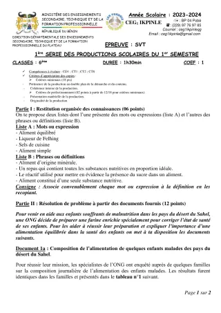Première page de SVT 6e, 5e, 4e, 3e, 2nde A, 2nde C, 2nde D, 1ère A, 1ère C, 1ère D, Tle A1, Tle A2, Tle C, Tle D — 1re production scolaire, 1er semestre (2023-2024) · CEG1 Ikpinlè