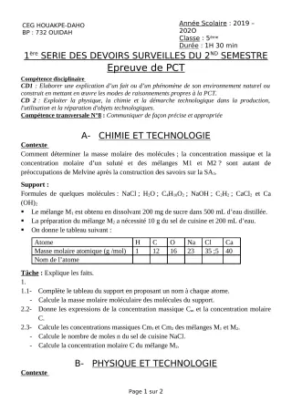 Première page de PCT 5e — 1er devoir surveillé, 2e semestre (2019-2020) · CEG Houakpe daho