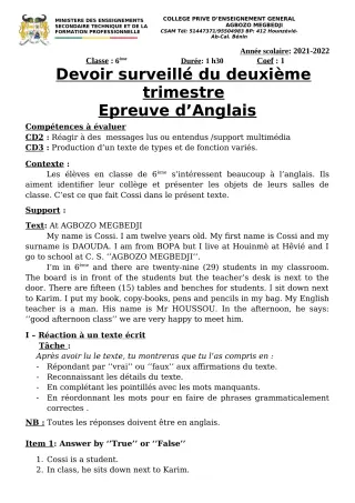 Première page de Anglais 6e, 5e, 4e, 3e, 2nde A2, 2nde B, 2nde D, 1ère A2, 1ère B, 1ère D, Tle A2, Tle B, Tle D — 1er devoir surveillé, 2e trimestre (2021-2022) · CPEG AGBOZO MEGBEDJI