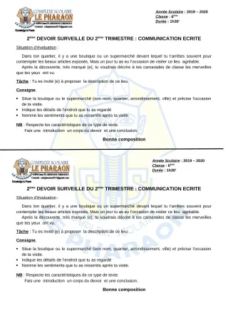 Première page de Français 6e — 2e devoir surveillé, 2e trimestre (2019-2020) · CPEG LE PHARAON
