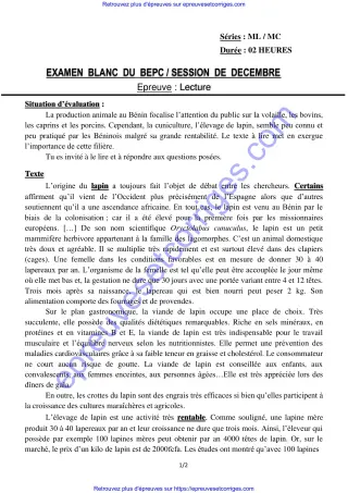 Première page de BEPC 2026 – Lecture , Bepc blanc décembre 2025 (cuniculture au Bénin, compréhension et expression écrite)