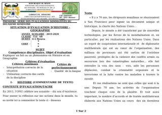 Première page de Histoire-Géographie Tle A1, Tle A2 — 1re évaluation sommative, 2e semestre (2019-2020) · CEG GBESSOU