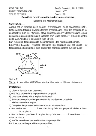 Première page de Mathématiques 4e ML — 2e devoir surveillé, 2e semestre (2019-2020) · CEG du Lac