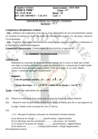 Première page de PCT 4e — 2e devoir surveillé, 1er trimestre (2019-2020) · CPEG GOD'S TIME