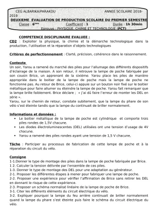 Première page de PCT 6e — 2e production scolaire, 1er semestre (2018-2019) · CEG Albarika