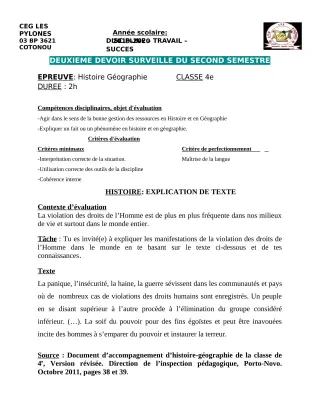 Première page de Histoire-Géographie 4e, 4e ML — 2e devoir surveillé, 2e semestre (2019-2020) · CEG Les Pylônes