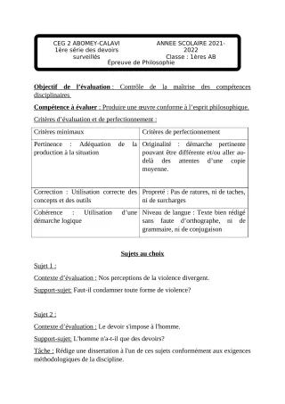 Première page de Philosophie 1ère A & B — 1er devoir surveillé, 2e semestre (2021-2022) · CEG2 ABOMEY - CALAVI (CEG ZOCA)