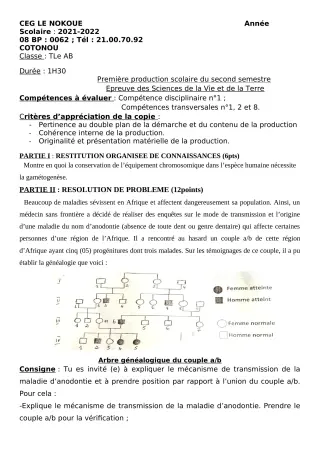 Première page de SVT Tle A1, Tle A2, Tle B — 1re production scolaire, 2e semestre (2021-2022) · CEG LE NOKOUE