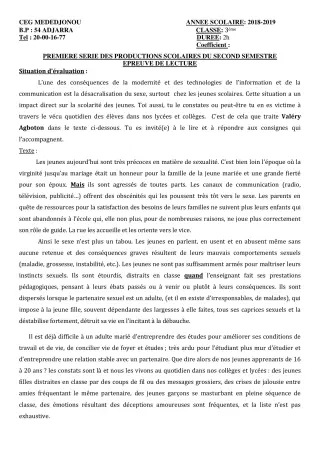 Première page de Français 3e, 3e ML — 1re production scolaire, 2e semestre (2018-2019) · CEG Mèdédjonou