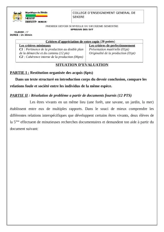 Première page de SVT 5e — 1er devoir surveillé, 2e semestre (2022-2023) · CEG SEKERE