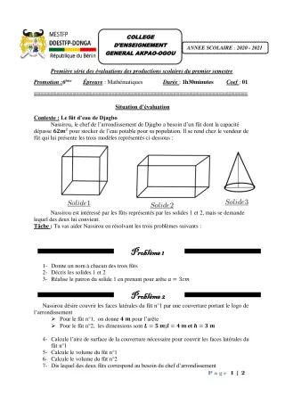 Première page de Mathématiques 6e — Production scolaire, 1er semestre (2020-2021) · CEG Akpao-Ogou