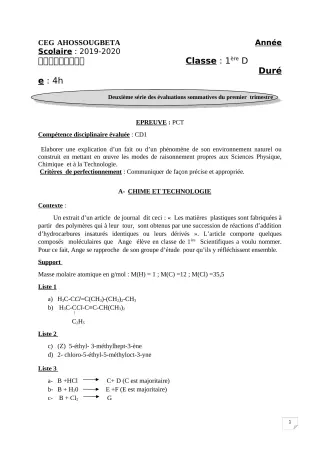 Première page de PCT 1ère D — 2e évaluation sommative, 1er trimestre (2019-2020) · CEG Ahossougbéta