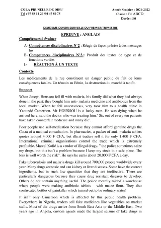 Première page de Anglais Tle A2, Tle B, Tle D — 2e devoir surveillé, 1er trimestre (2021-2022) · CEPG La Prunelle de Dieu