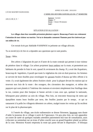 Première page de Français 5e — 2e devoir surveillé, 1er semestre (2018-2019) · Lycée Houegbadja d'Abomey (Ex Mafory Bangoura)